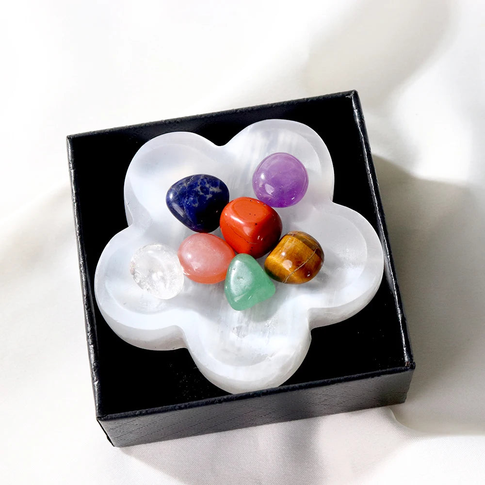 Wholesale Flower Shaped Crystal Bowl Selenite Seven 7 Chakra Sets Tumbled Stones with Box
