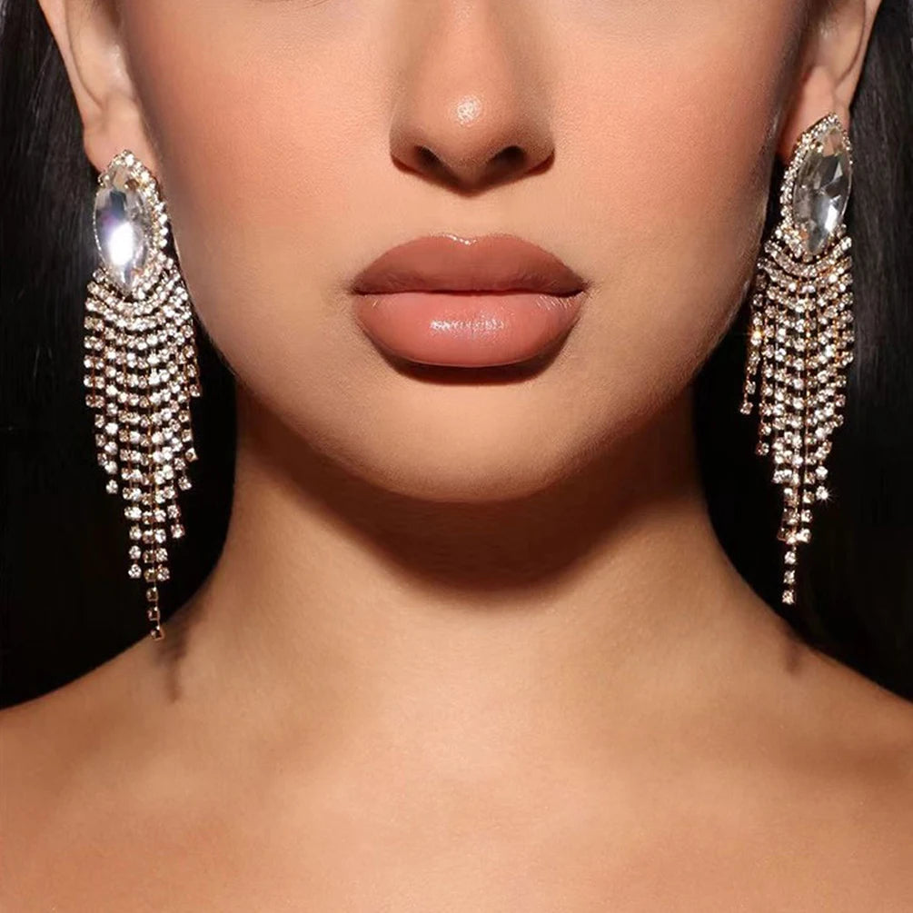 Handmade Luxury Zircon Bling Rhinestones Dangle Tassel Earrings Statement Crystal Drop Earrings Bridal Jewelry