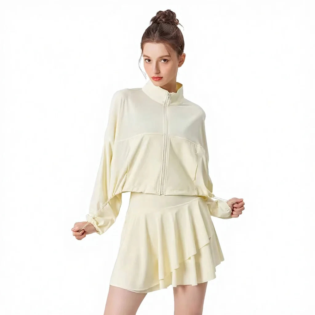 Women's Summer UPF 50+ Sun Protection Zipper Hoodie Jacket Skirt Set Breathable Lightweight Tennis Skirt Shorts Jacket Yoga Set