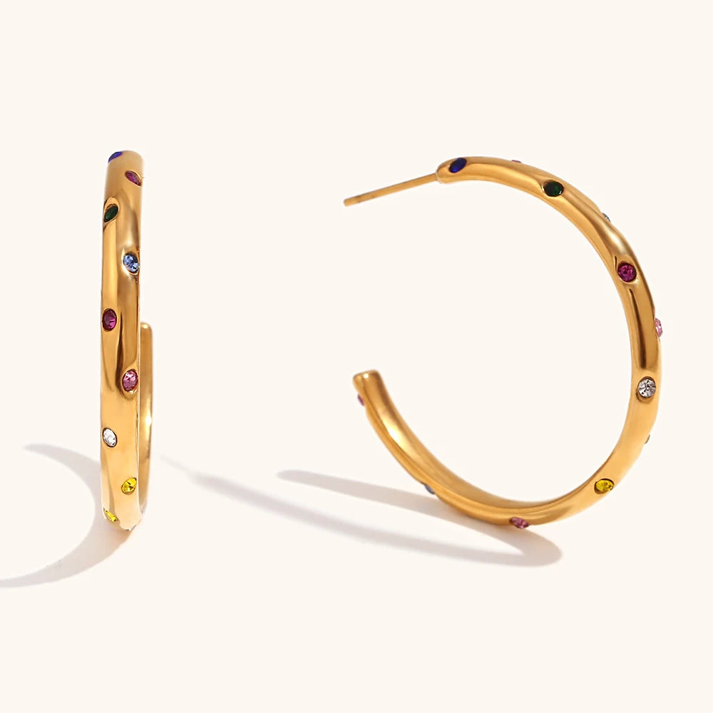 Dingran Personality Fashion Jewelry Colorful Zircon 18K Gold Plated Stainless Steel Hoop Earring