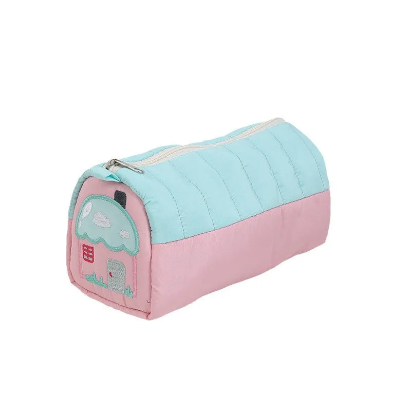 Large Capacity Cute Embroidered Pencil Case with Zipper Closure Cartoon Pattern Stationery Storage Bag for Girls