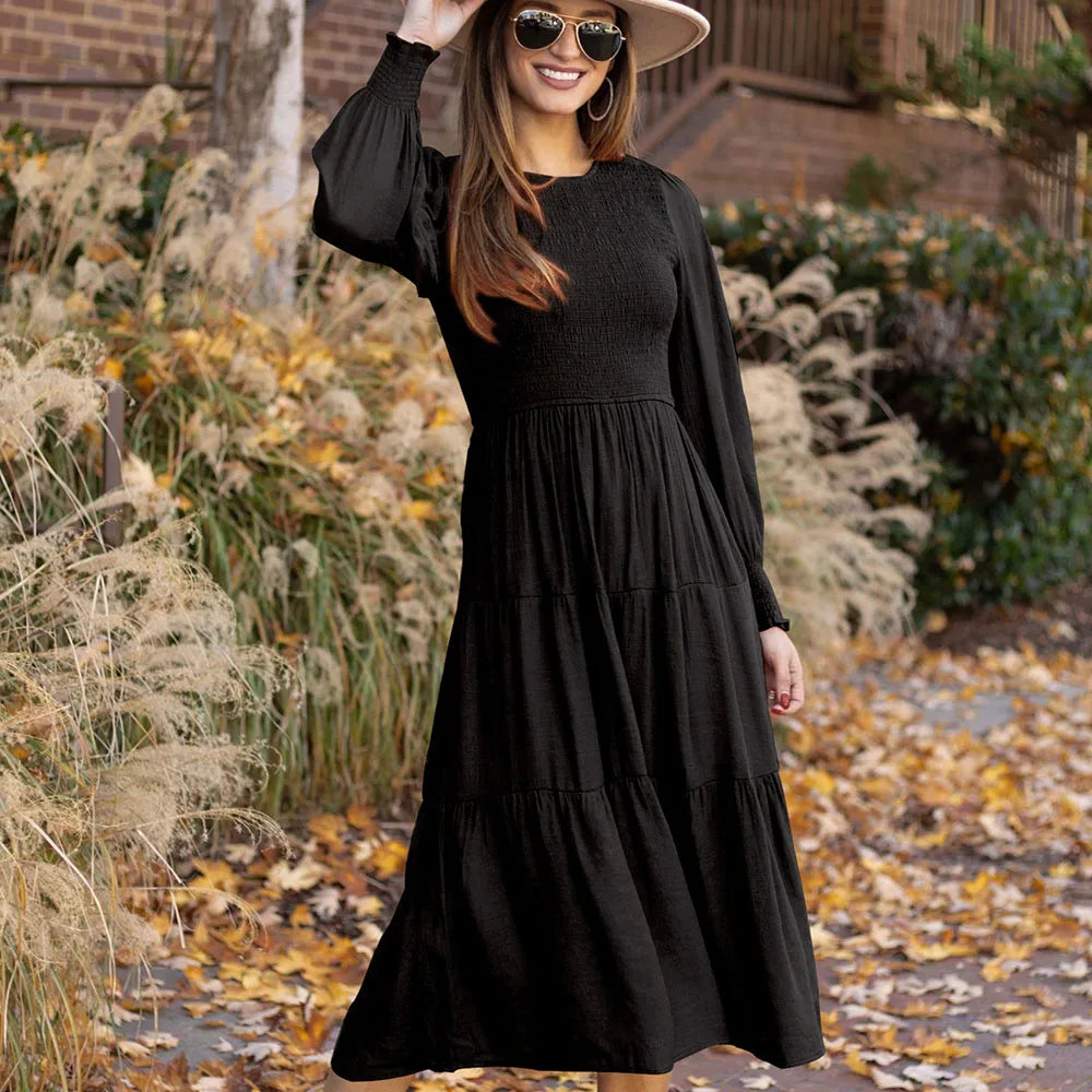 Enyami Elegant Retro French Lantern Long Sleeve O-neck Pleated Elastic Bust Solid Women Spring Autumn Midi Long Casual Dress