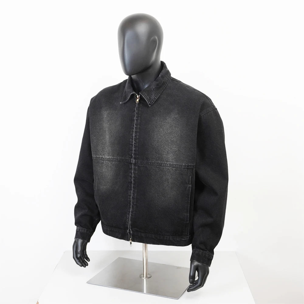 TOPSHOW High Quality Designer Canvas Detroit Work Zip up Jacket Custom Blank Washed Cropped Black Denim Jacket Men