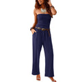 Wholesale Summer Fashion Strapless Belted Tube Top Jumpsuit with Wide Leg Bustier Backless Baggy Long Pants & Rompers Pockets