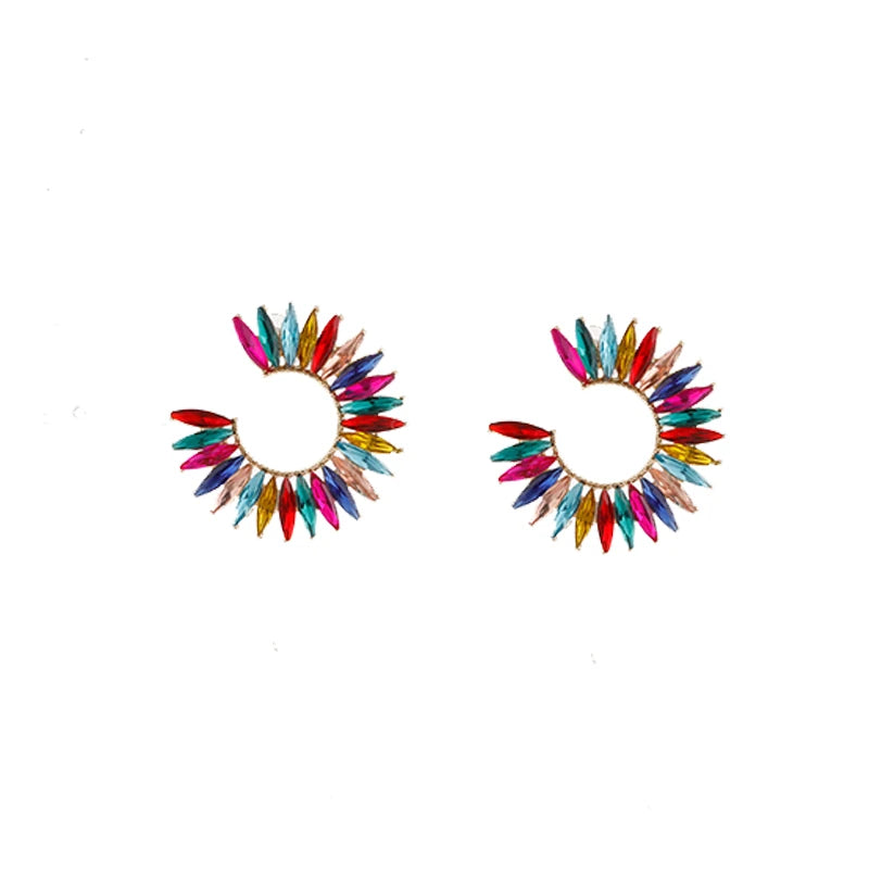 Fashion Jewelry Crystal Big Geometric Stud Earrings Colorful Glass Rhinestone C Shaped Statement Earrings for Women