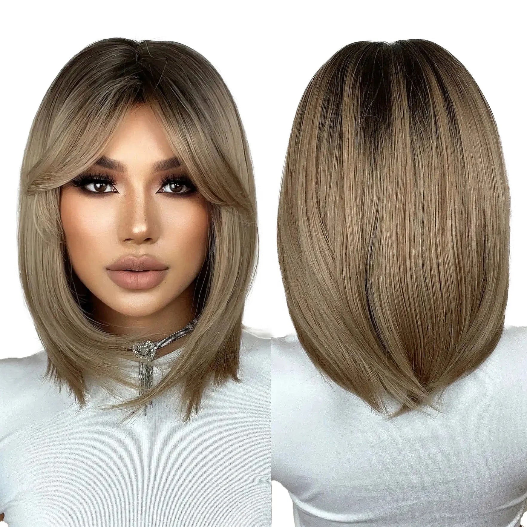 Blonde Ombre Short Bobo Synthetic Natural Hair Wig with Bangs for Women Cosplay Party Heat Resistant Fiber Wigs
