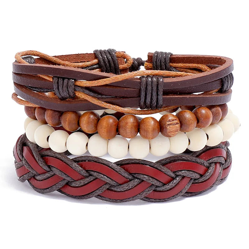 Wholesale New Vintage Retro Braided Personality Leather Jewelry Simple Fashion 4 Pieces Set Unisex Wrap Geometric Bracelet