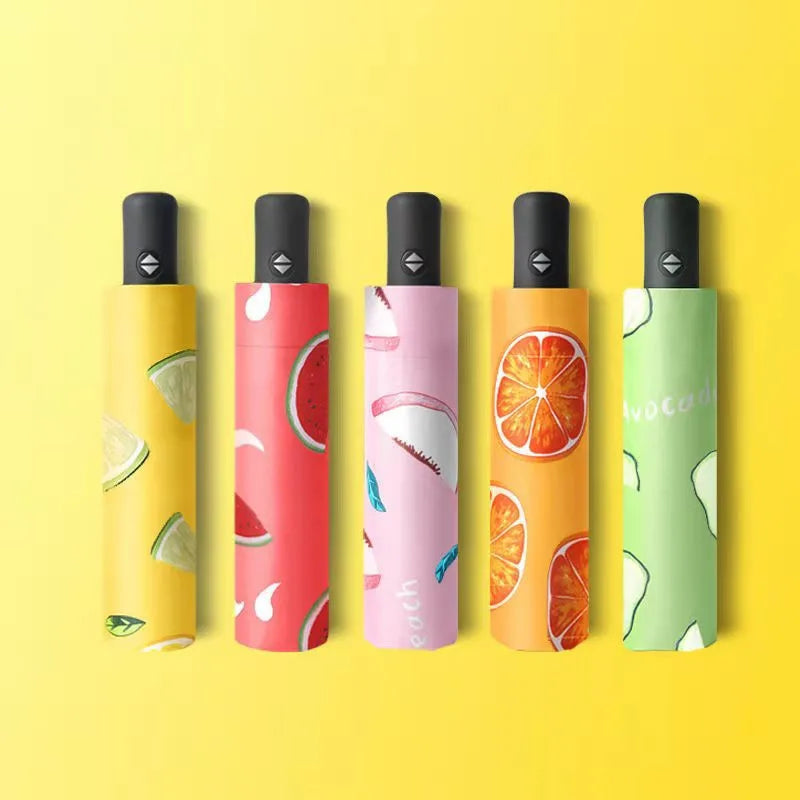 Cheap 21Inch 3-Fold Compact Small Automatic Umbrella with Cute Fruit Print and UV Coating for Rain Protection