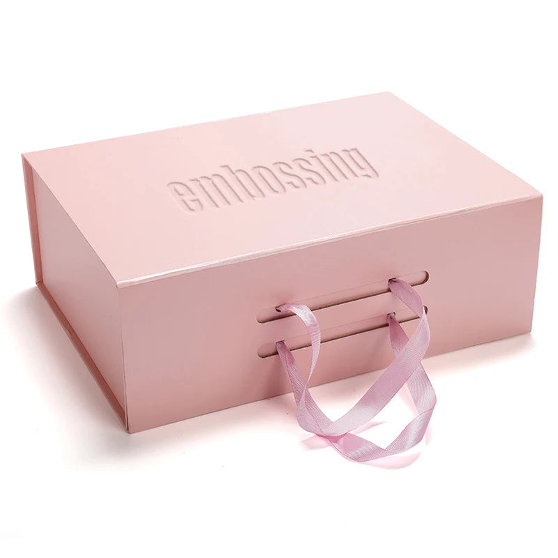 Custom Embossing Logo Low MOQ Hot Fancy Mailer Box Pink Flat Luxury Magnetic Folding Storage Paper Shipping Gift Box With Ribbon