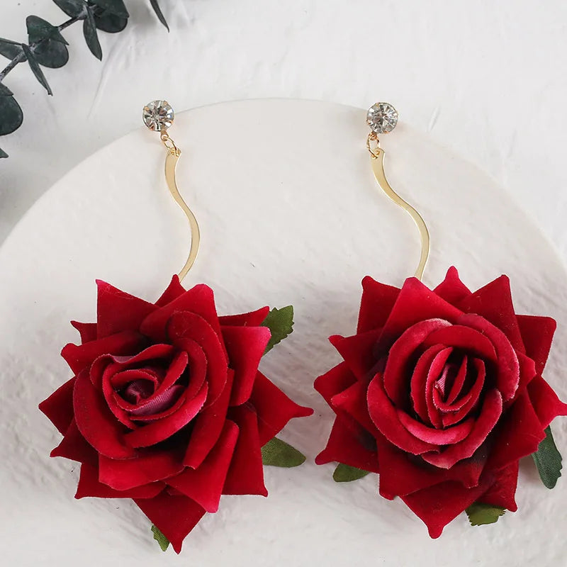 Valentine Gift 3D Exaggerated Red Rose Flower Earrings Women Simple Long Dangle 18k Gold Plated Fabric Flower Earrings Jewelry
