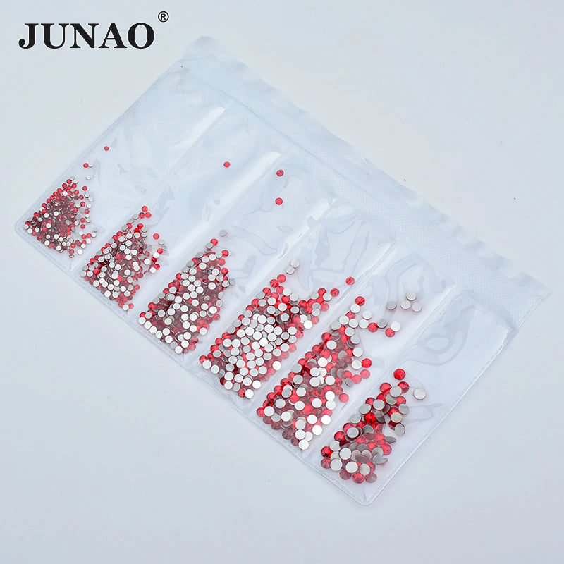 JUNAO Factory Wholesale SS4 SS6 SS8 SS10 SS12 SS16 Mix Size Red Crystal Strass Flatback Glass Rhinestone for Nail