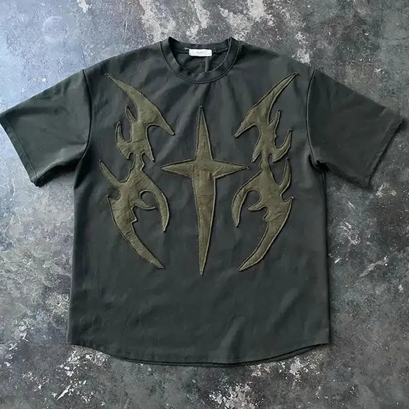 Customize Heavy Tshirt Patchwork Graphic Distressed Oversized Vintage Cotton Boxy Tee T Shirt Embroidered Patch T-shirt Men