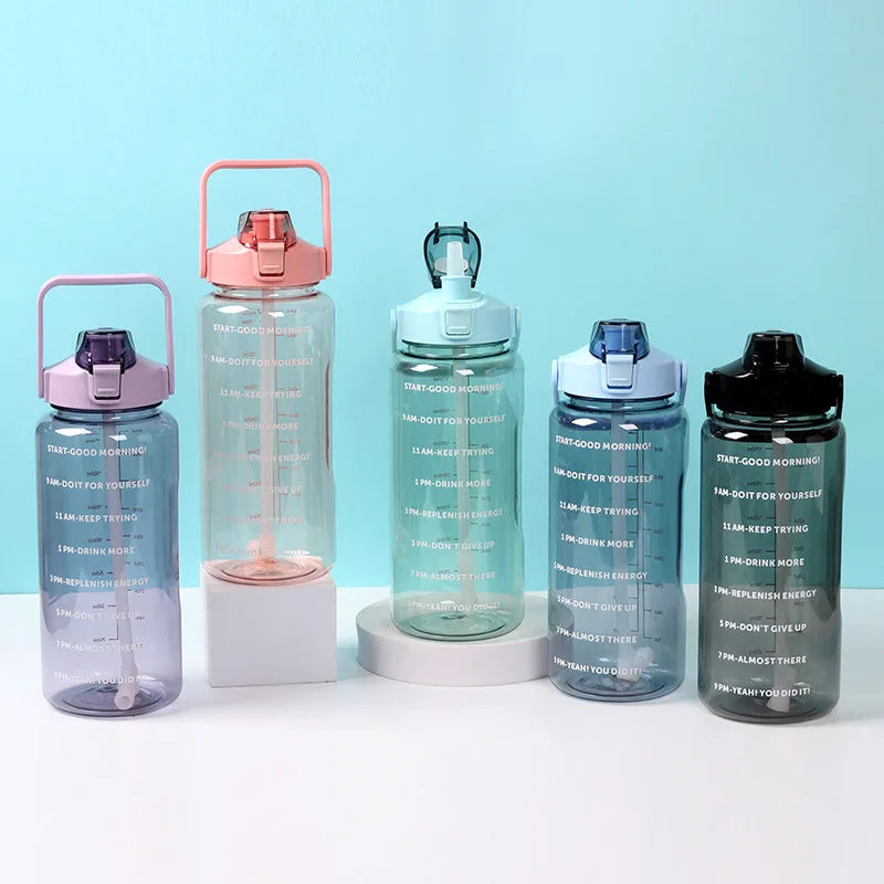 2l Fitness Sports Clear Plastic Drinking Bottle BPA Free Gym Motivational Water Bottle with Time Marker and Straw