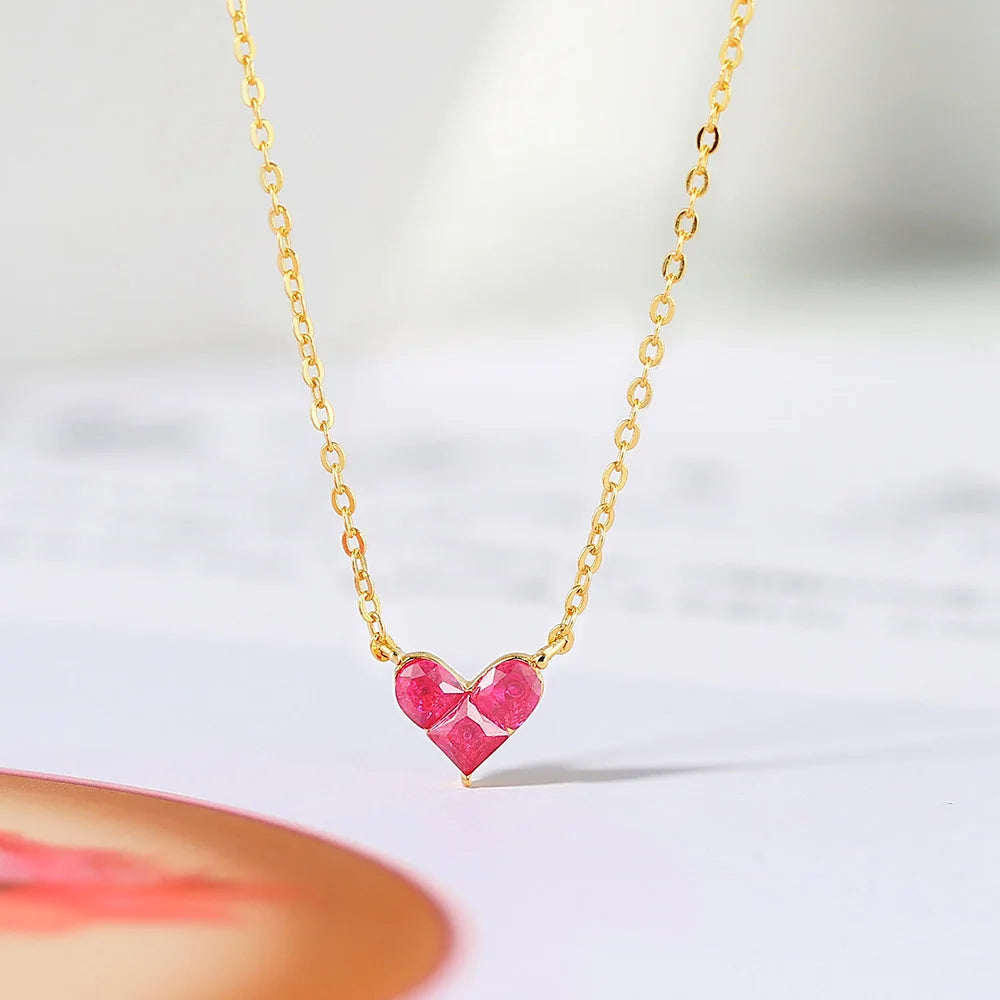 Golden Heart Pendant Necklace Silver Pink Red Corundum Stitching Heart Dainty Cable Chain Adjustable Wedding Anniversary Party