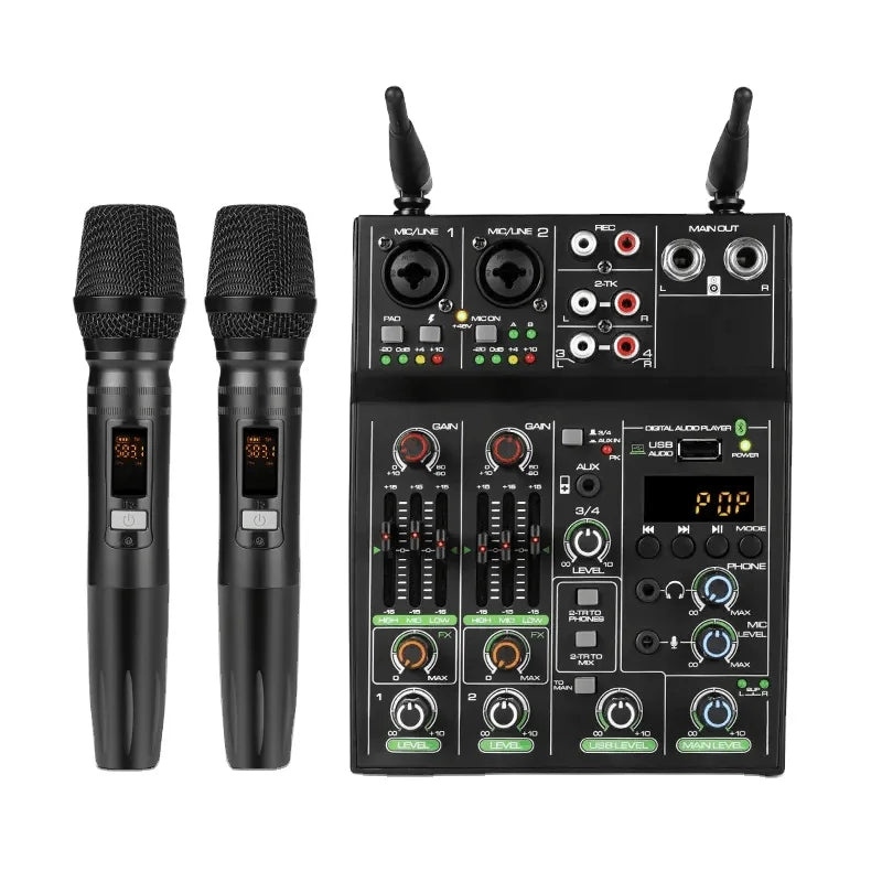 Depusheng UF4-M Professional Portable Mini Audio Mixer Equipped with 2 Wireless Microphone