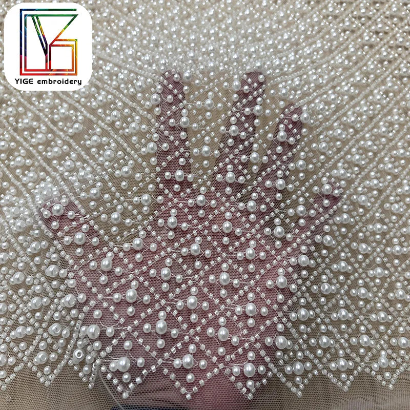 Luxury French White Pearl Bridal Lace Fabric Women Wedding Dress Tulle Heavy Beaded Lace Fabric