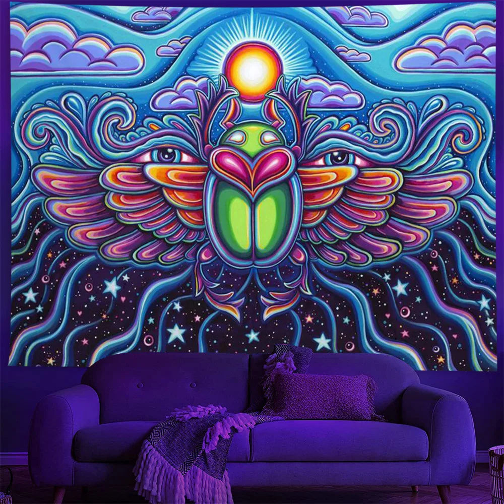 Customized Uv Wall Tapestry Fabric Trippy Hippie Tapestry Wall Hanging Black Light Spiritual Tapestry