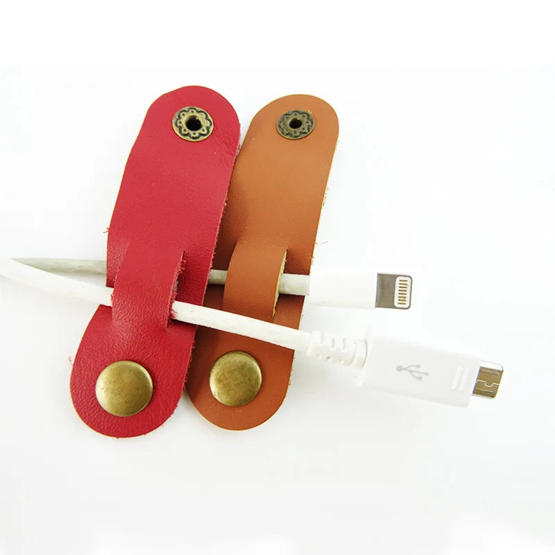 Fashion Logo Earphone Leather Cable Ties USB Charger Wire Cord Clips Desk Organizer Winder Wrap Straps Headphone Holder Office