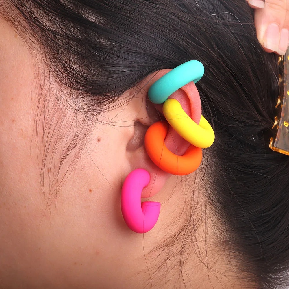2pieces New Korean Acrylic Huggie Earrings Children's Frost Colorful Trendy Gold Plated Chunky