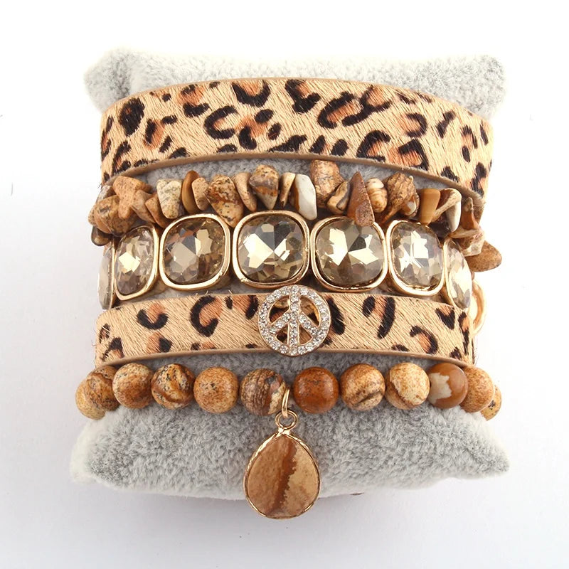 Women Jewelry Elastic Natural Chip Stone Glass Crystal Pave Bracelets Leopard Horsetail Bangle Stretch Peace Stack Bracelet Set