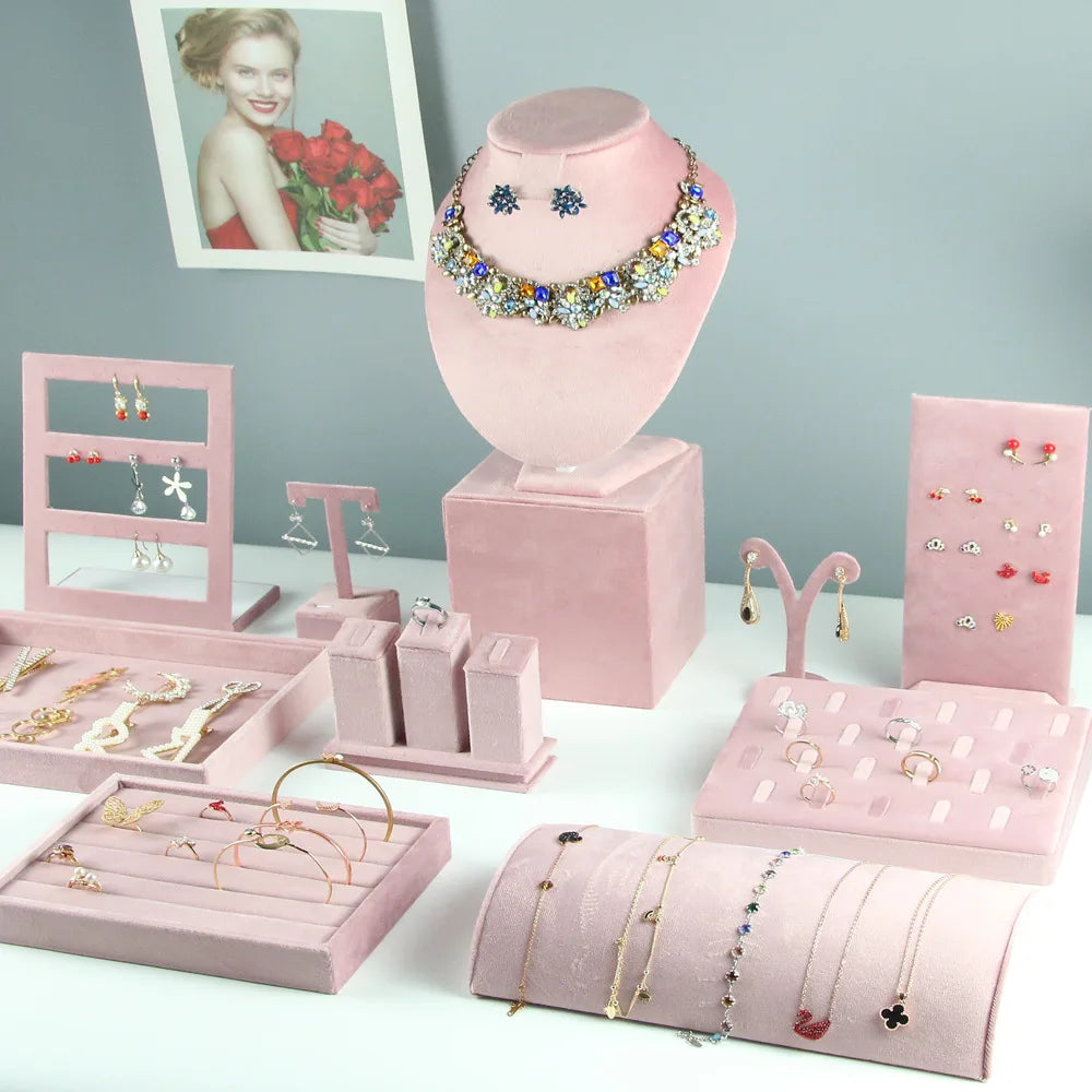 High-End Jewelry Display Rack with Pink Velvet and Wooden Trays for Necklace Ring Bracelet-Customizable Sizes & Shapes