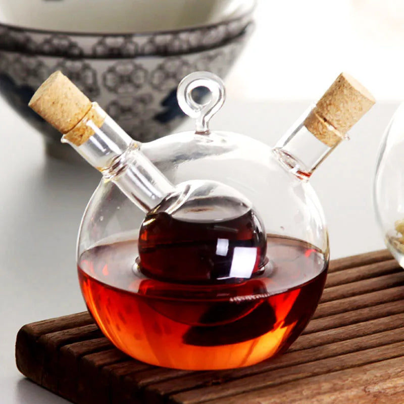56H Supplies Modern Handcrafted High Borosilicate Glass 2-in-1 Soy Sauce & Vinegar Olive Oil Dispenser Cruet Bottle Cork Stopper