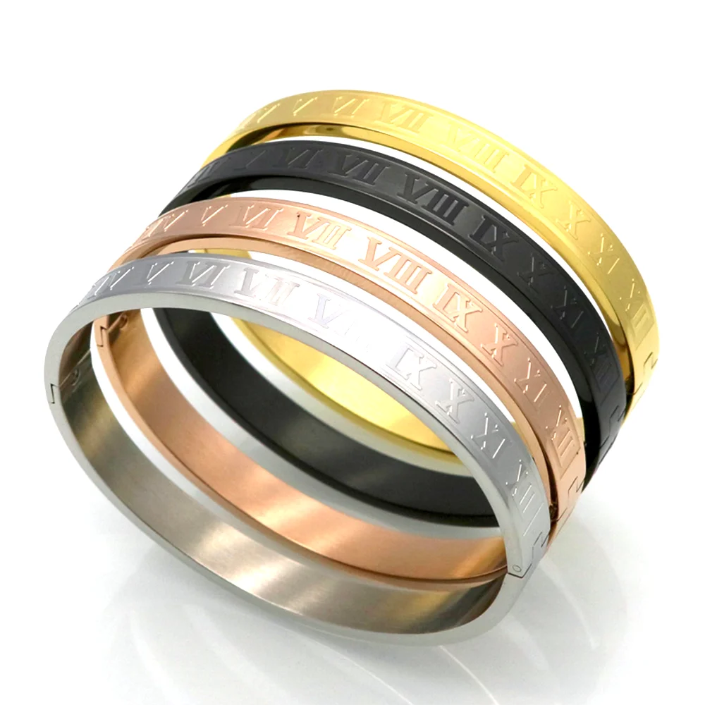 Wholesale Roman Numeral Series Glossy Roman Numeral Fashion Bangle Bracelet for Men Women 4 Colors Stainless Steel Bracelet