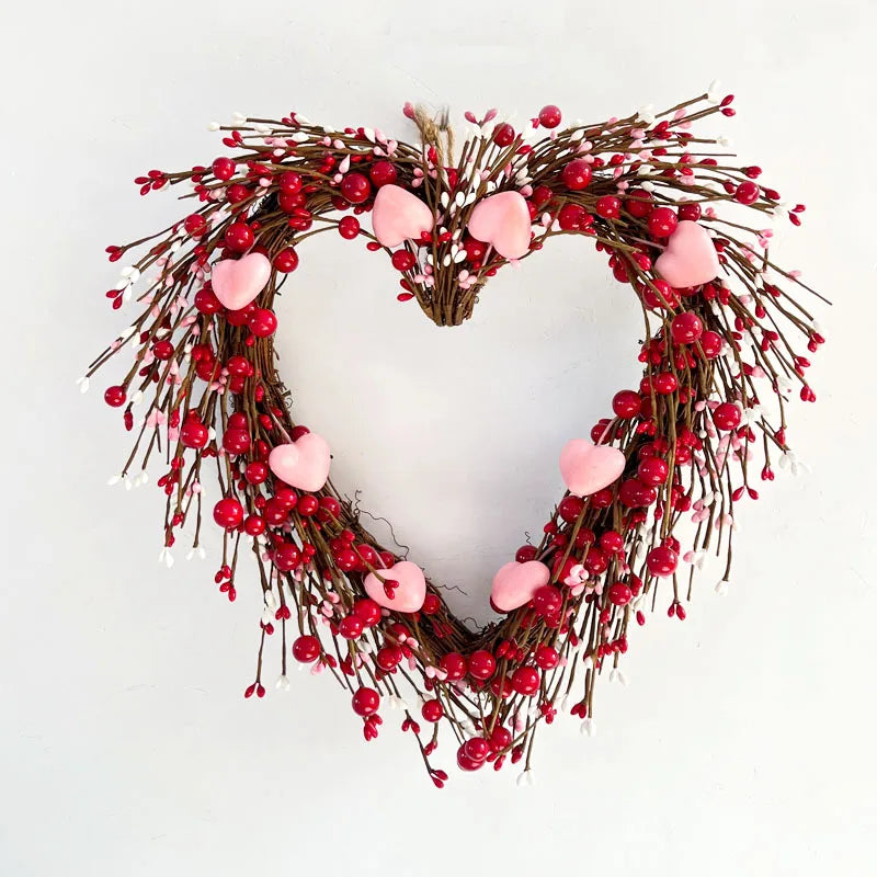 Wholesale Hot Selling Love Berry Wreath Heart Shaped Wreath Valentine's Day Home Wedding Festival Decoration Front Door Pendant