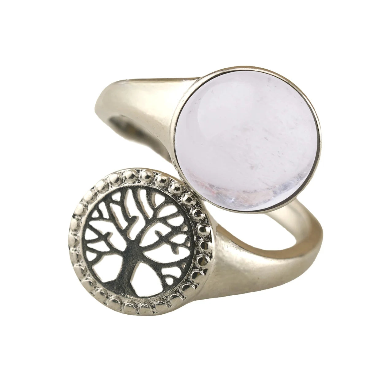 Creative Natural Round White Crystal Gemstone Open Finger Rings Healing Hollow Out Tree of Life Ring for Women