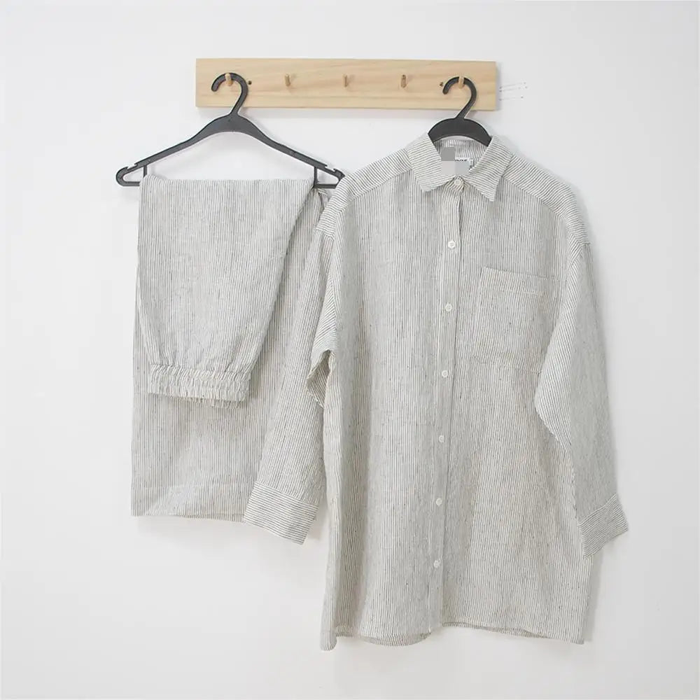 Premium Luxury Custom White Striped  100% Linen Pajamas Set for Men Pure Linen Shirt and Pants Linen Leisurewear