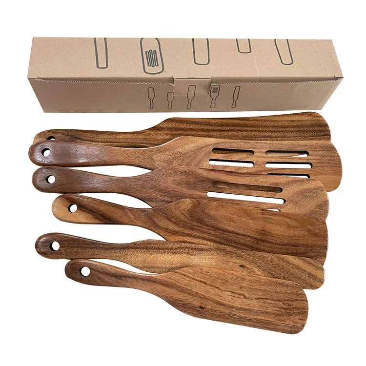 5 Pcs Acacia Wood Handmade Eco-Friendly High Heat Resistant Lightweight Spurtle Cooking Set Kitchen Tools