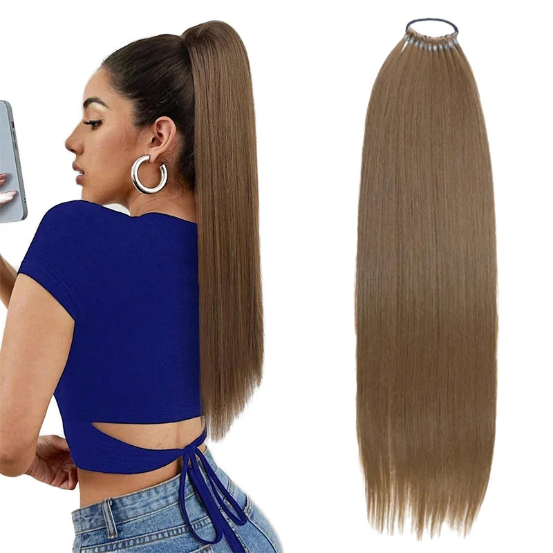 Women's 24-inch 10 Shares Elastic Rubber Band Braided Ponytail 11 Colors Available Straight Yaki Synthetic Wigs MegaBDM
