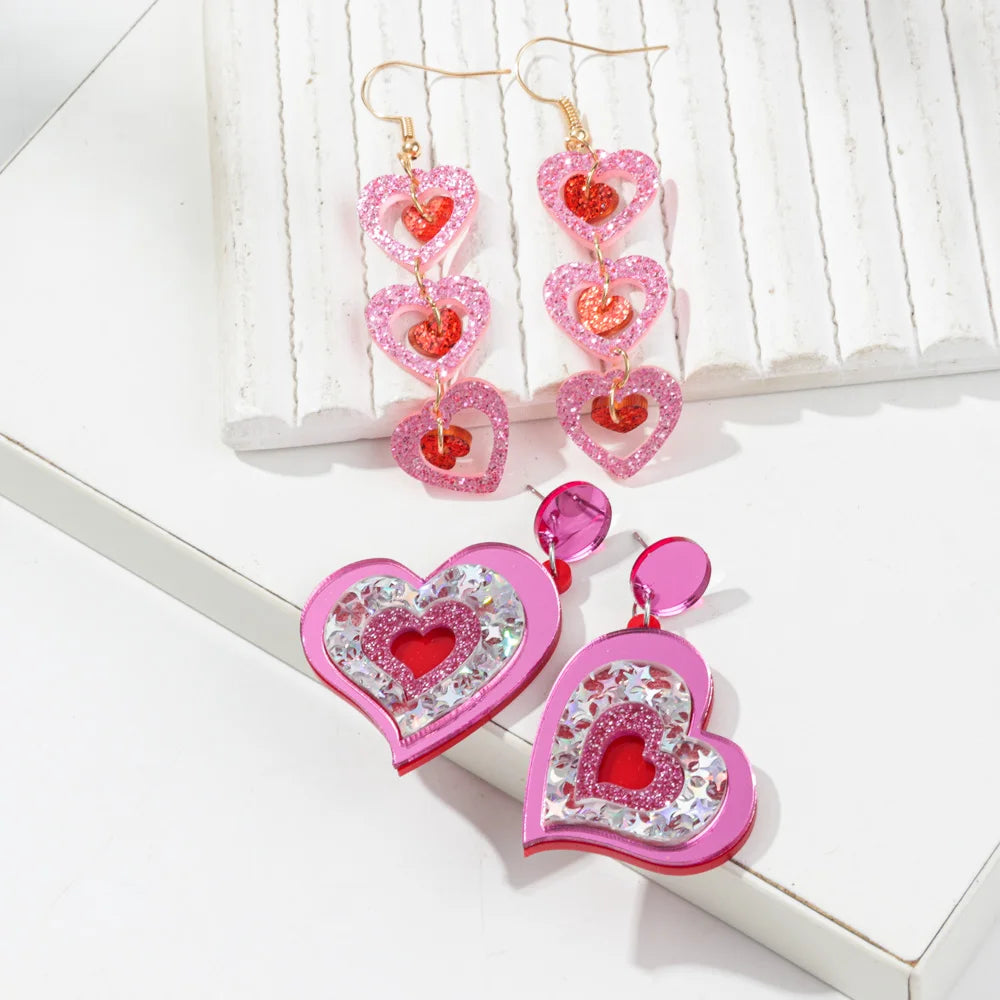 New 2025 Valentine's Day Earrings Jewelry Holiday Romantic Pink Glitter Heart Tassel Long Acrylic Dangling Earrings for Women