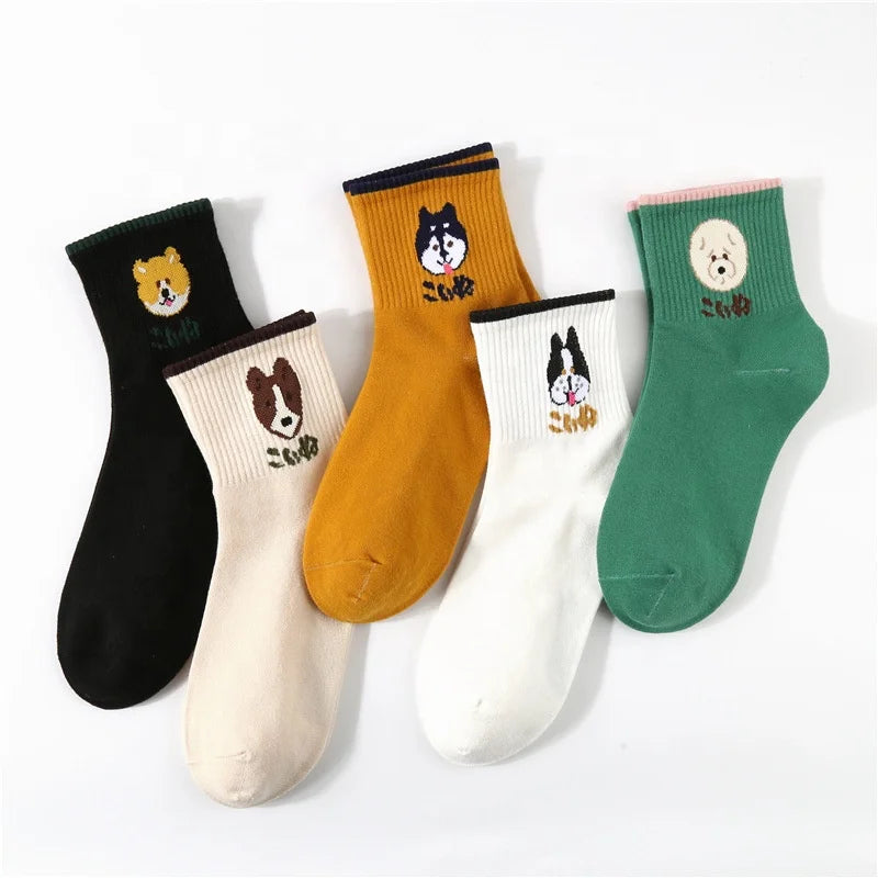 Wholesale Bulk Korean Cute Dog Breed Socks Casual Dog Lover Ribbed Cotton Socks for Women