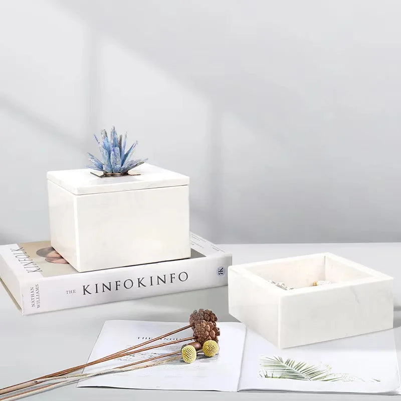 White Marble Stone Make up Jewelry Decorative Cosmetic Storage Organizer Box with Crystal Handle