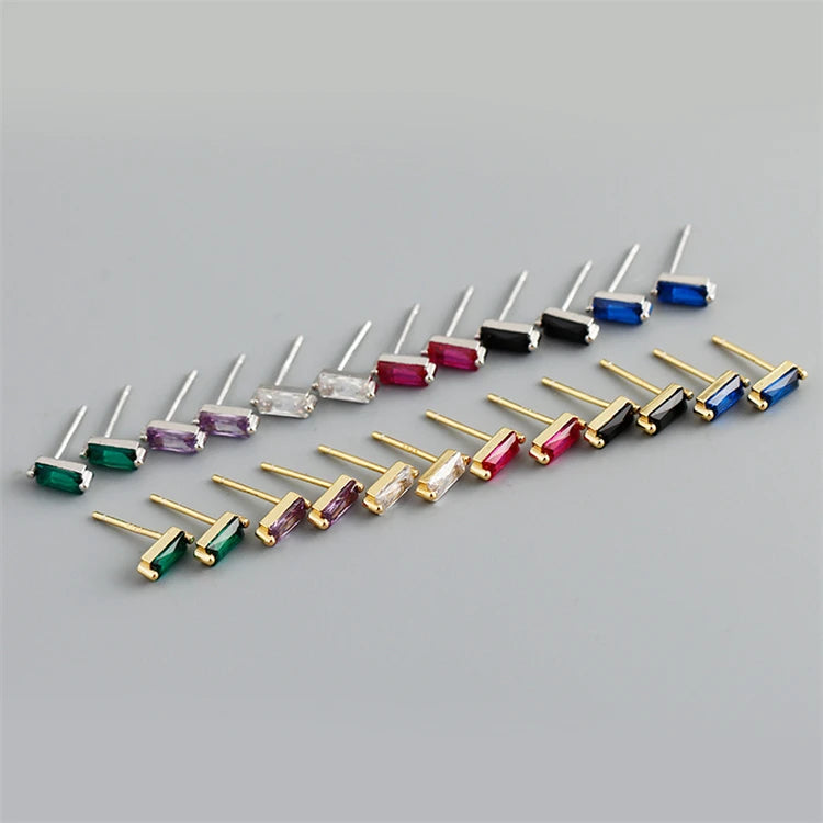 Fine Tiny 925 Sterling Silver 18k Gold Plated Mini Geometric Baguette CZ Diamond Stud Earrings for Women
