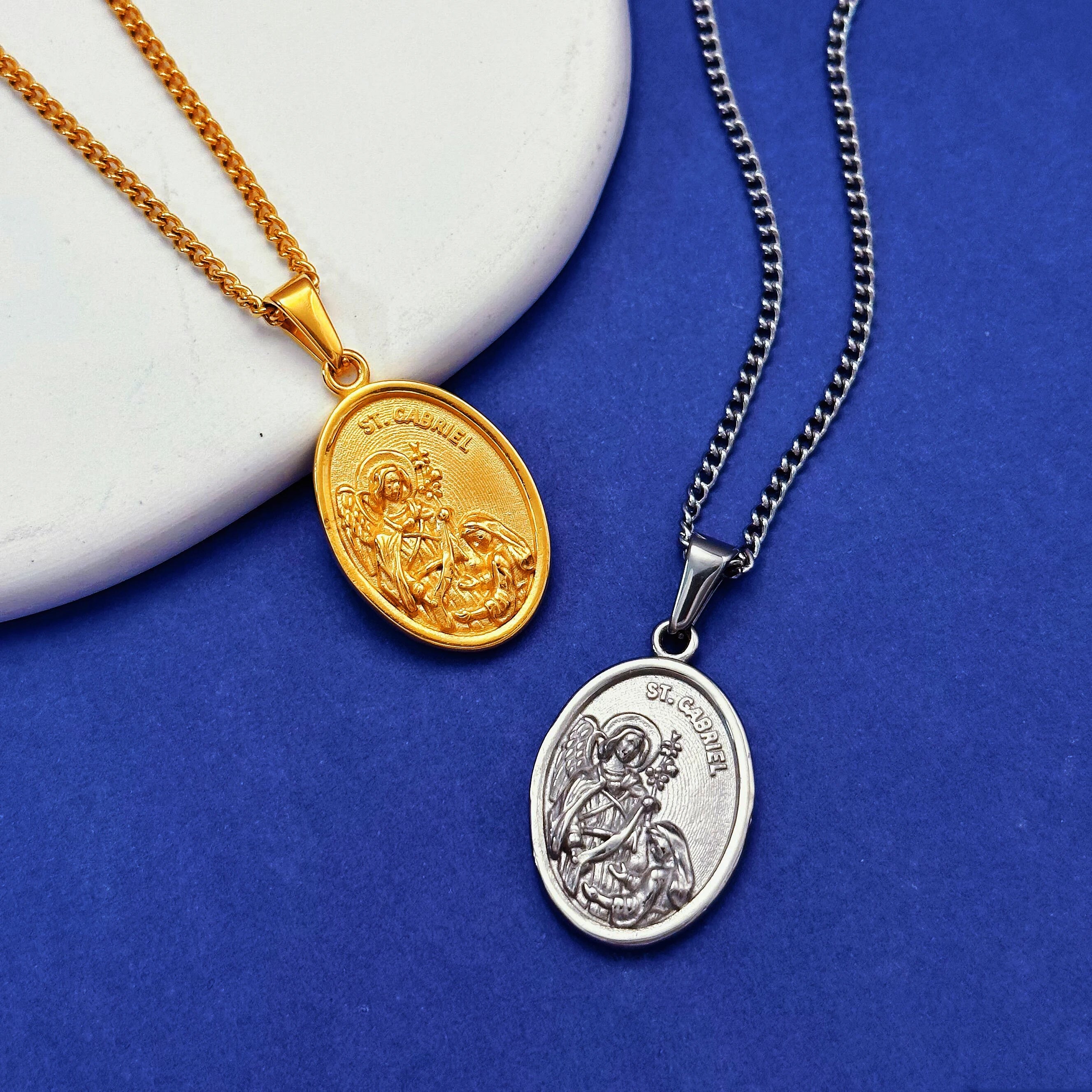Stainless Steel Gold Silver Patron Saint Medal Saint Gabriel Archangel Pendant Amulet Necklace Catholic Jewelry for Men