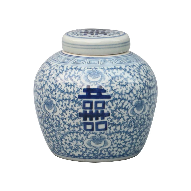 Double Happiness Pattern Pickles Peanut Storage Blue and White Porcelain Ceramic Jars With Lid Home Decoration Jar