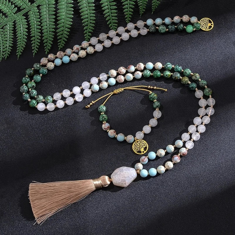 Dainty Japamala Beaded Necklaces for Women 100% Handmade Knotted Tree of Life Charm Natural African Turquoise Stone Necklace