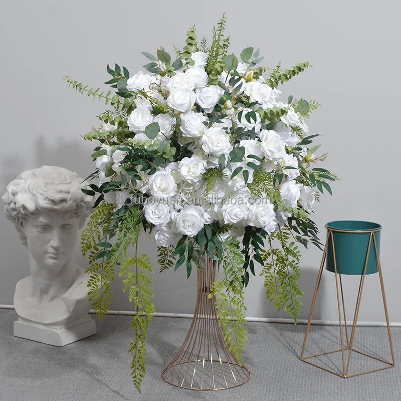 SZ04 High Quality Table Flower White and Greenery Silk Flowers Wedding Decoration Table Centerpiece 60cm Artificial  Floral Ball