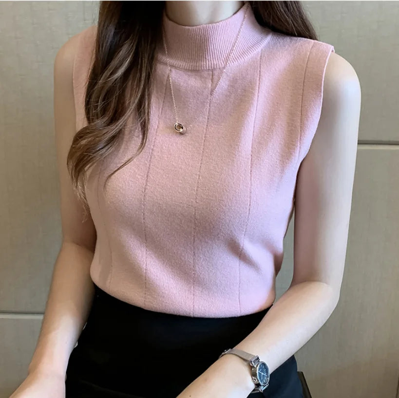 Korean Summer Women Tops New Casual Clothes Sleeveless Solid Women Blouse Knit Elastic Fashion Ladies Tops Slim High Collar 10%