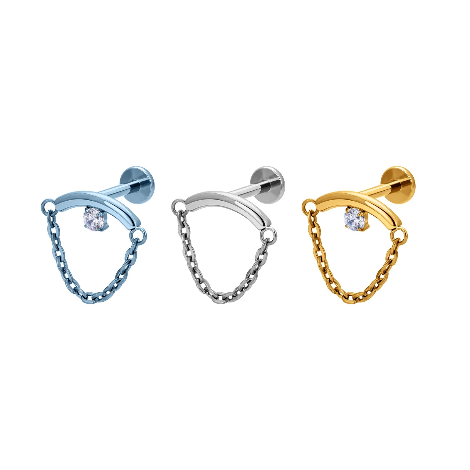 ASTM F136 Titanium Piercing 16G Ear Stud with Curved bar Clear CZ Stone With Chain Women Piercing Earring Wholesale Jewelry