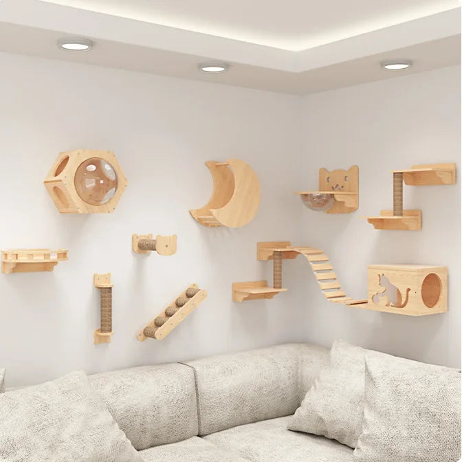 Eco-friendly Wooden Floating Cat Wall Shelves Hammock and Perches Wall Mounted Furniture Scratcher