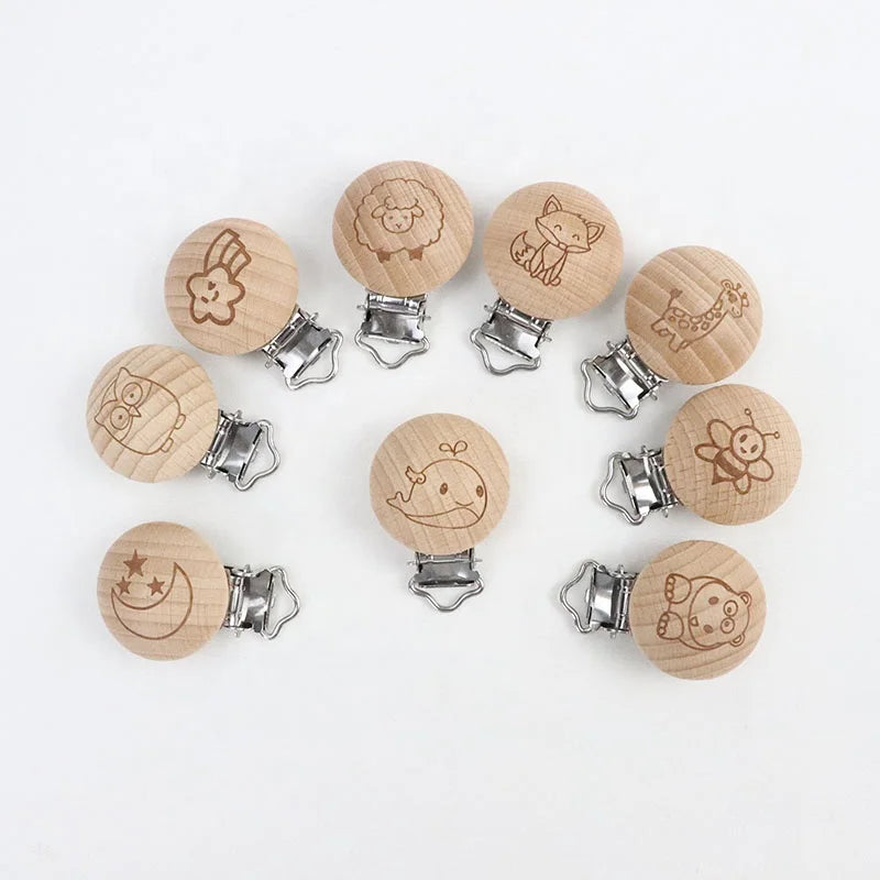 Crafts and DIY Customizable 30mm Eco-Friendly Round Beech Wood Laser Engraved Stainless Steel Clip with DIY Accessories