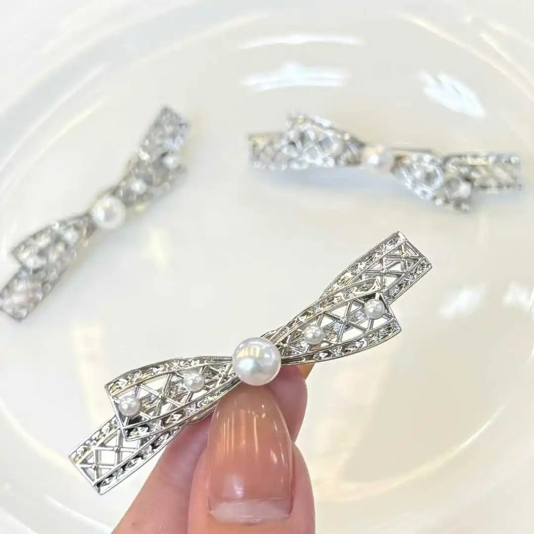 Girl's Party Hair Clip with Fairy Bow Design 7-8mm Natural Real Bread Freshwater Pearl and Small Imitation Pearl Hair Accessory