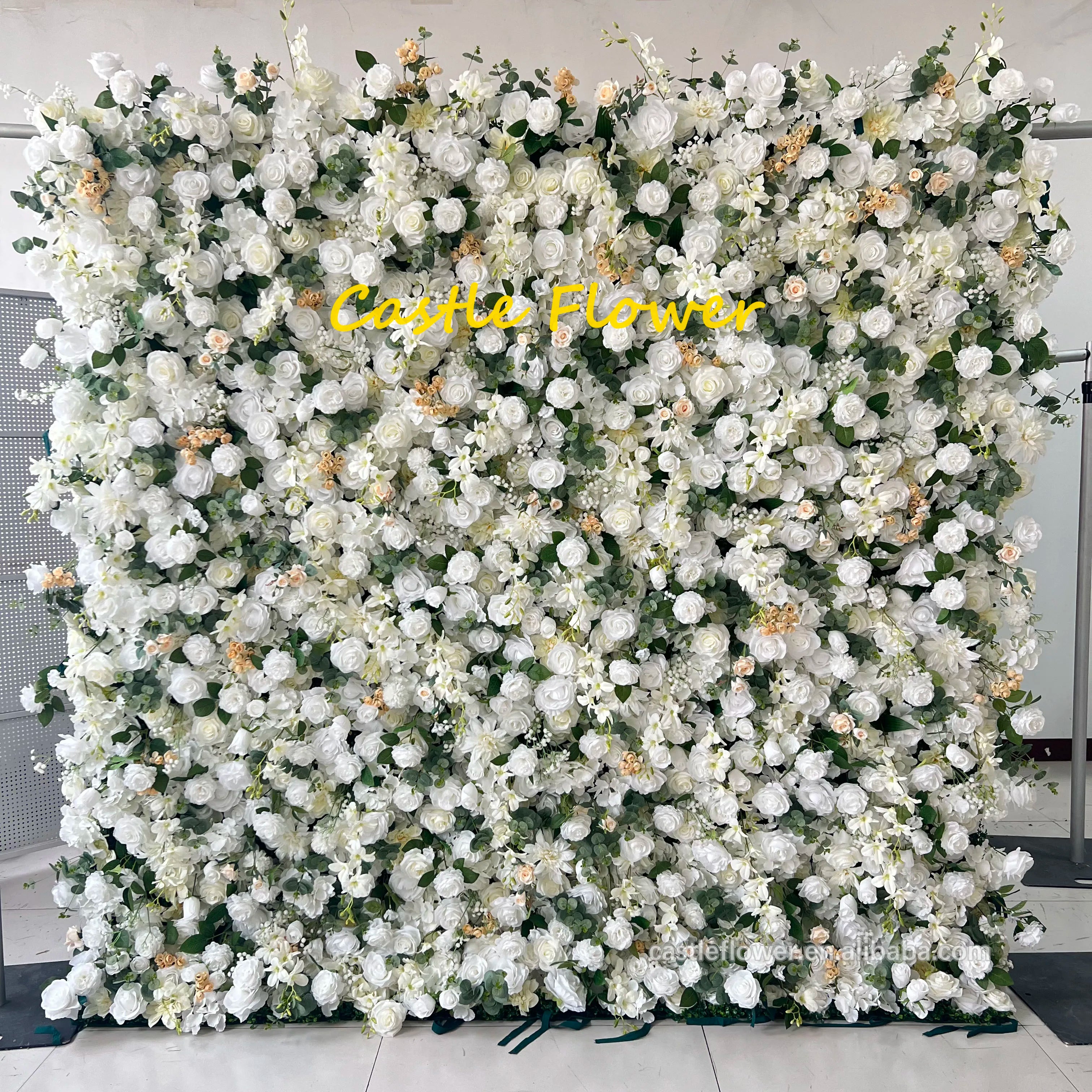O-X085 Customized White Purple Red Rose Silk Artificial Flower Wall Panel Wedding Backdrops 8ft x 8ft Roll up Cloth Flower Wall