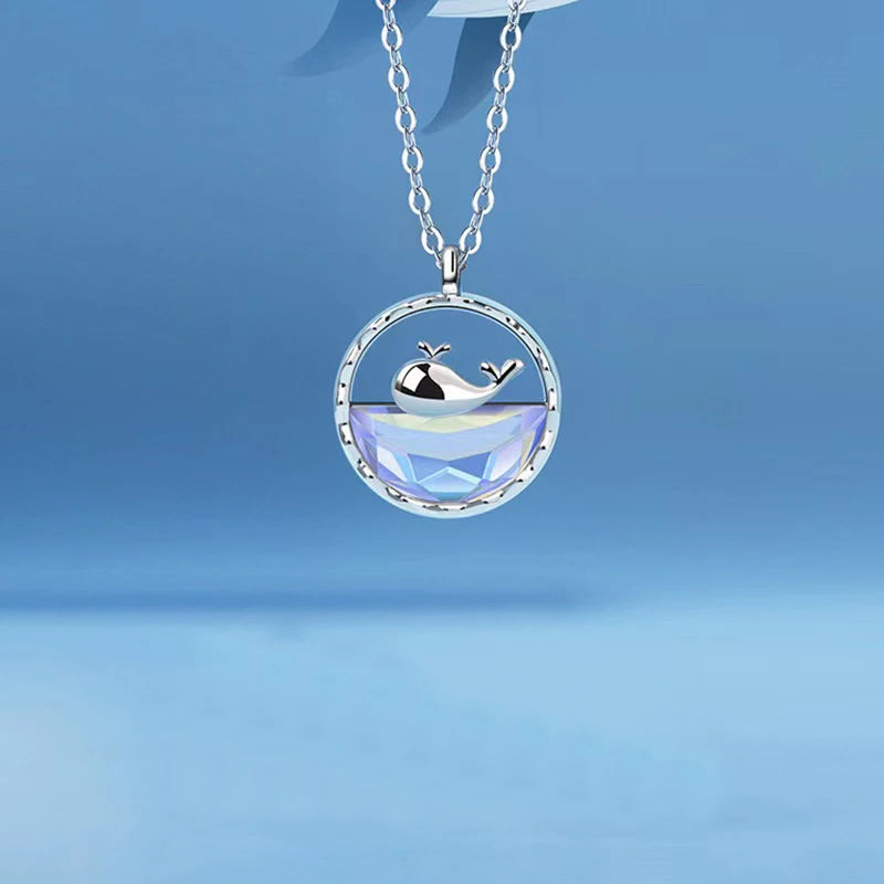 Fine Jewelry 925 Sterling Silver Cute Whale Round Disc Pendant Women Necklace