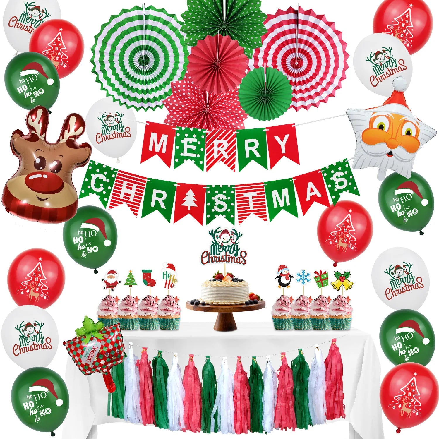 Wholesale Santa Elk Pull Flag Sticker Paper Fan Aluminum Film Christmas Balloon Set Supplies for Festive Decorations