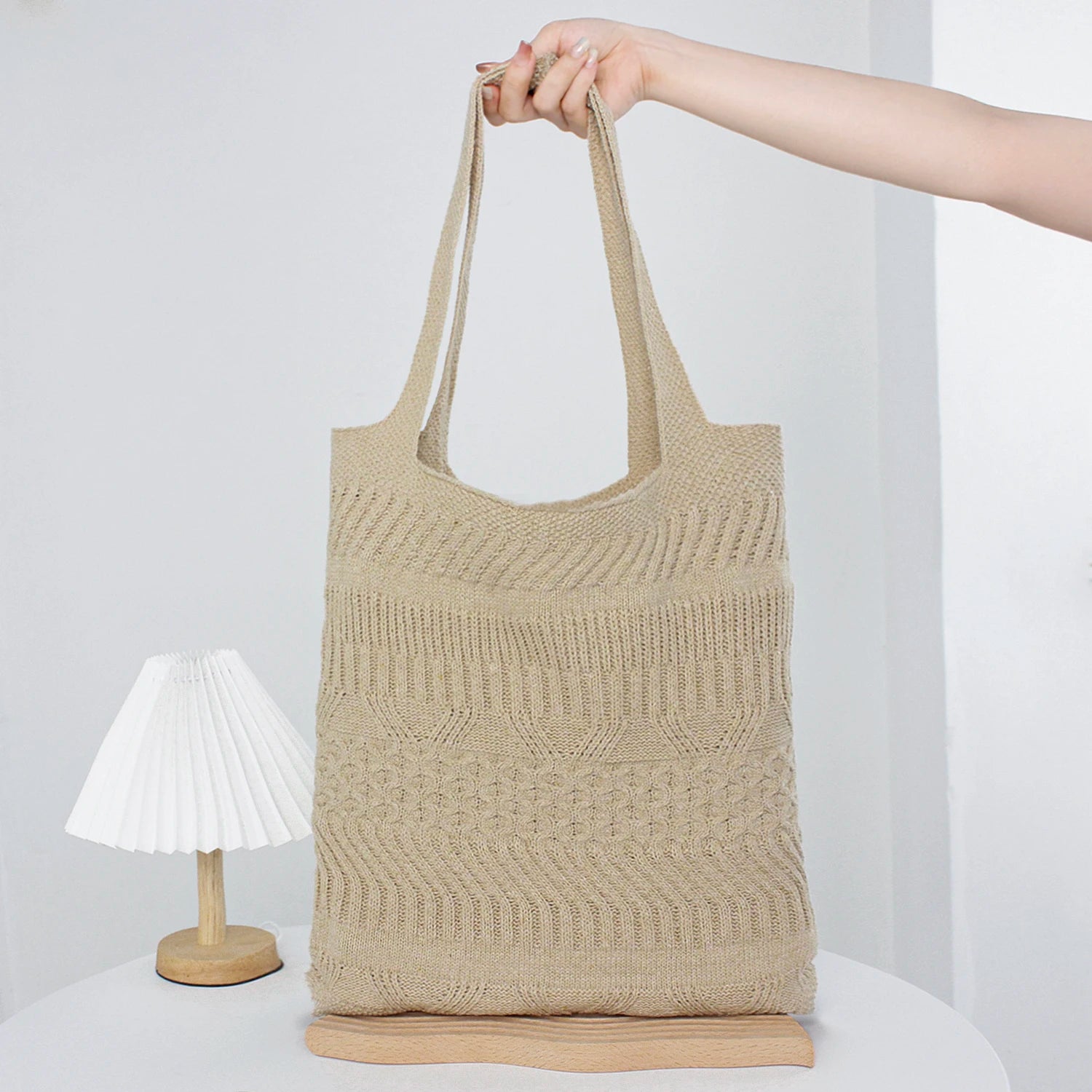 2024 Factory Wholesale Vintage Lady Casual Tote Bags Striped Woven Knitted Crochet Large Capacity Portable Two Handles Open
