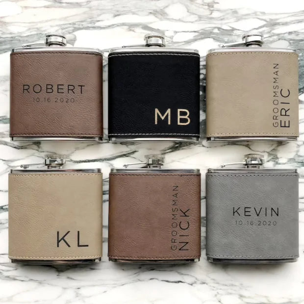 Custom Leather Hip Flasks Flask Sleeve Stainless Steel Groomsman Flask Bottle Holder Pocket for 6oz 8oz 10oz